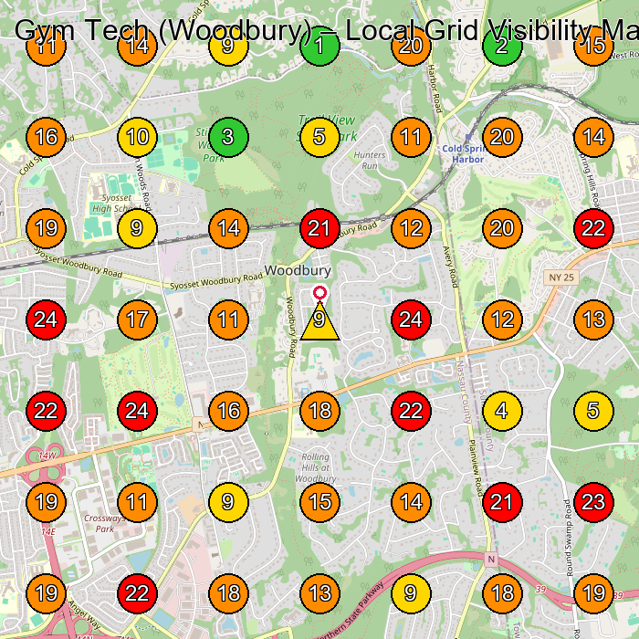Gym Tech (Woodbury) Exercise Equipment Store GeoGrid ranking map for Woodbury NY